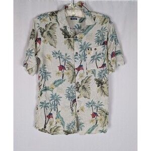 CAMPIA Button Down M Men's Beige American Flag Tropical Short Sleeve Hawaiian
